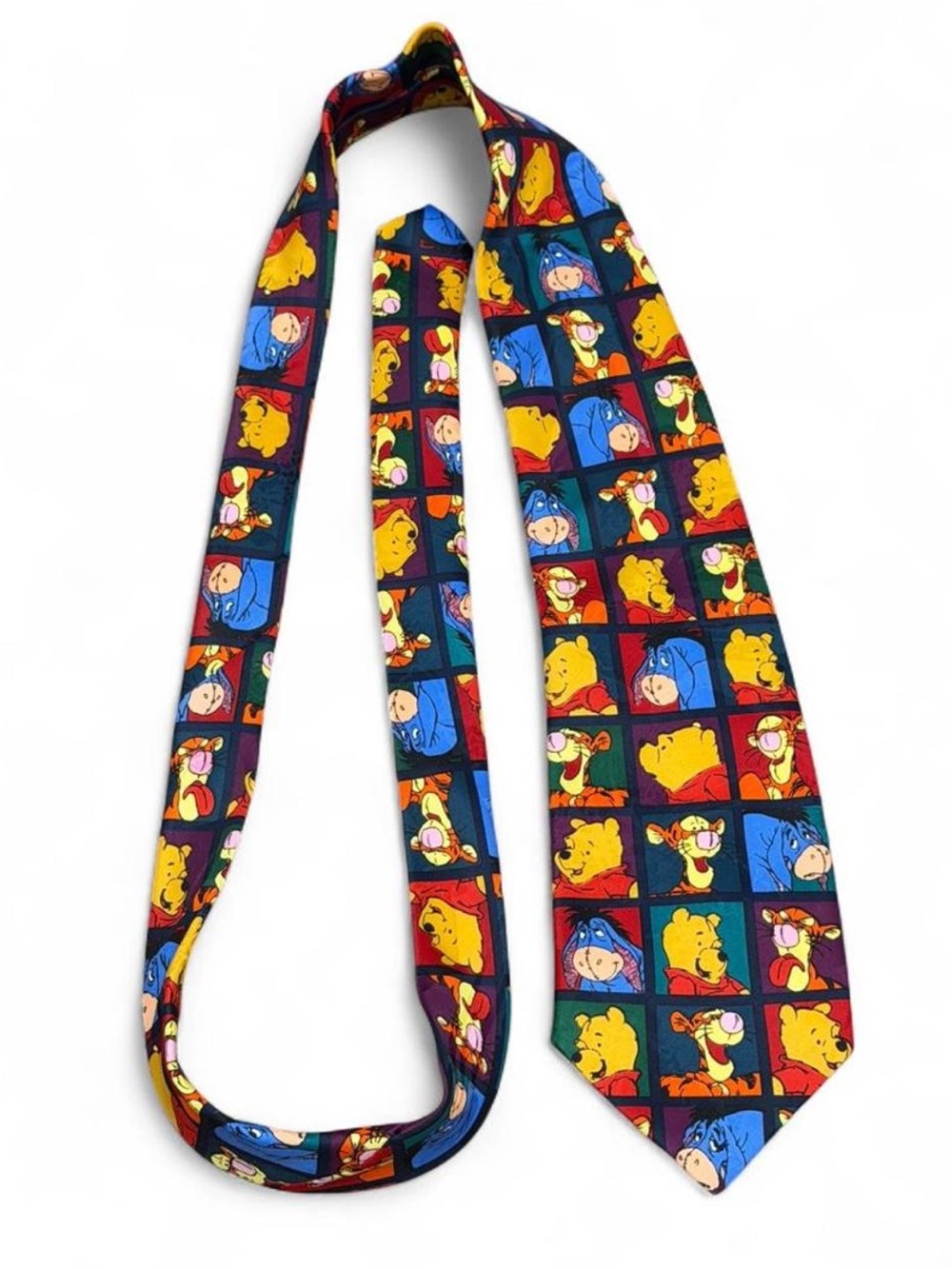Vintage Disney Pooh Necktie Winnie The Pooh Tigger Eeyore Grid Pattern Navy Silk